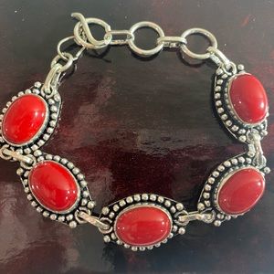 Beautiful Silver Tone and Bright Red Stone Bracelet